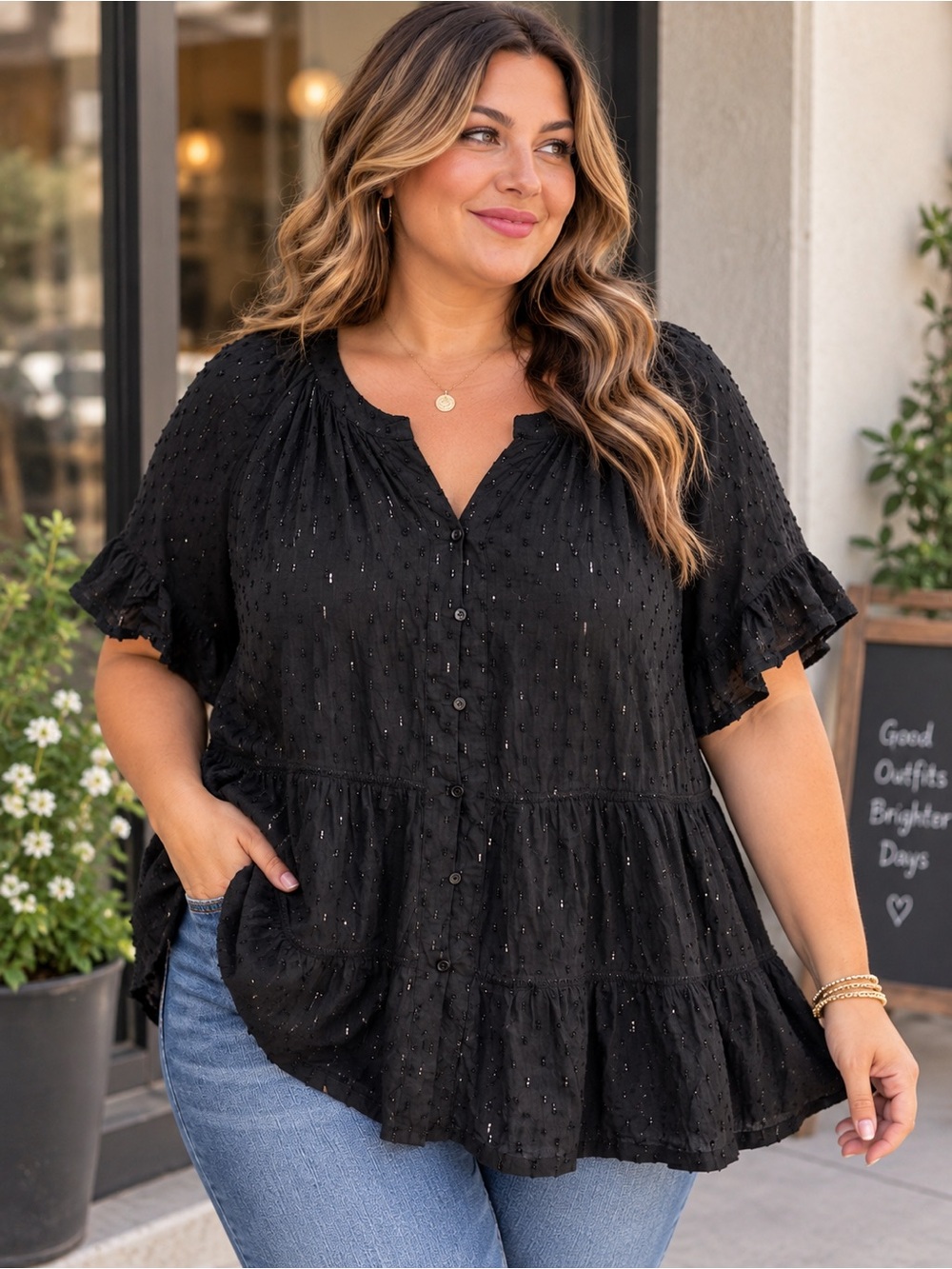 Plus Size Black Silver Metallic Clip Dot Tiered Boho Romantic Blouse 3X